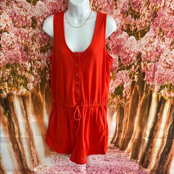 Red Sleeveless Button-Down Romper - Picture 1 of 5